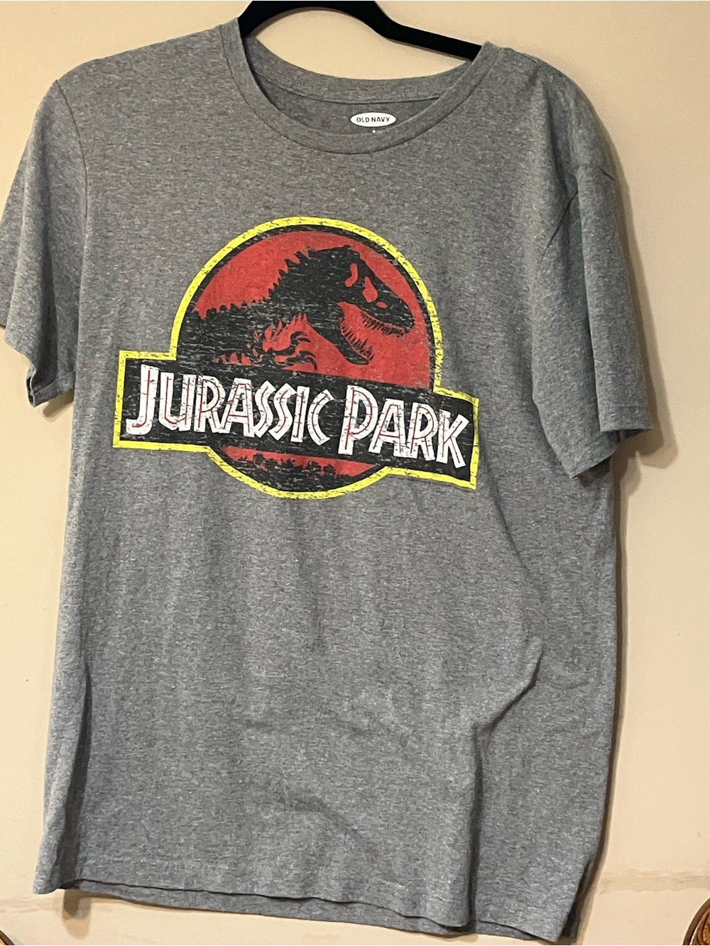 Old Navy Gray Jurassic Park Logo Tee with Red and Yellow Accents